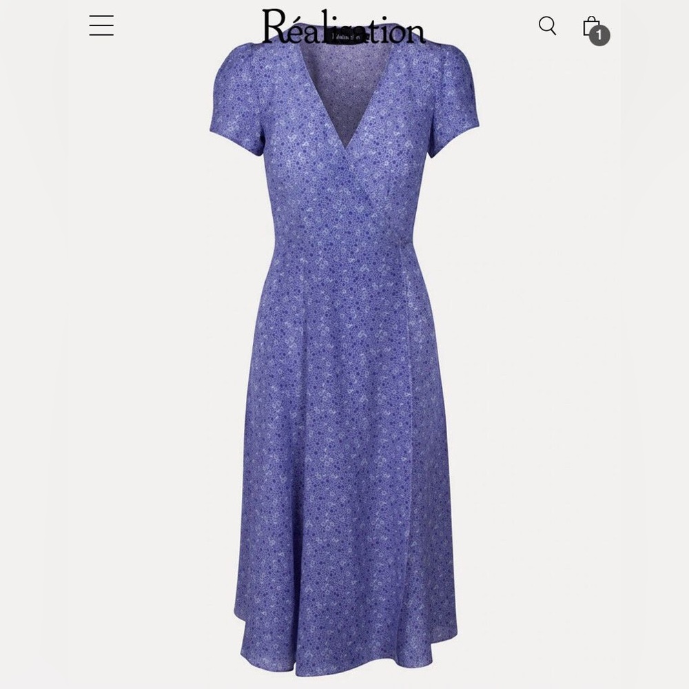 Realisation Par Teale Floral Silk Short Sleeve Tie Waist Wrap Midi Dress Purple - Picture 5 of 12